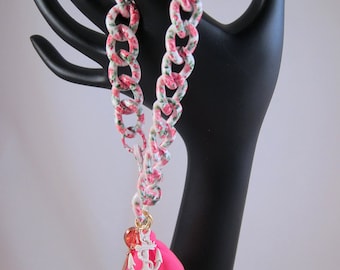 Summer Floral Print Chain Bracelet with Rose Gold Heart Shaped Filigree Key, Neon Pink Tassel, White Anchor, and Swarovski Crystal