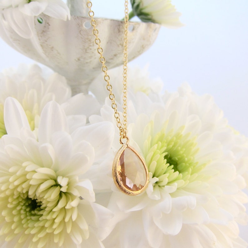 Peach Teardrop Faceted Glass Crystal Pendant Gold Chain Necklace Perfect to layer image 2