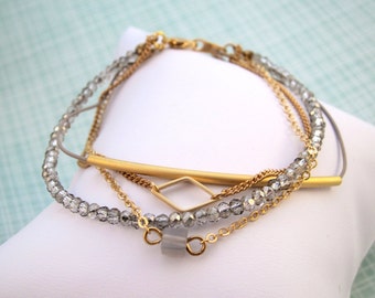 Quadruple Strand Bracelet Set - Gold Chain, Tiny Faceted Beads, Grey Agate and more!