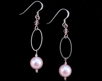 Pink Swarovski Pearl Drop Earrings with Oval Link and Swarovski Crystal - Sterling Silver Earwire