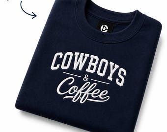 Geborduurd sweatshirt met cowboy- en koffiemotief | Unisex western sweater met ronde hals
