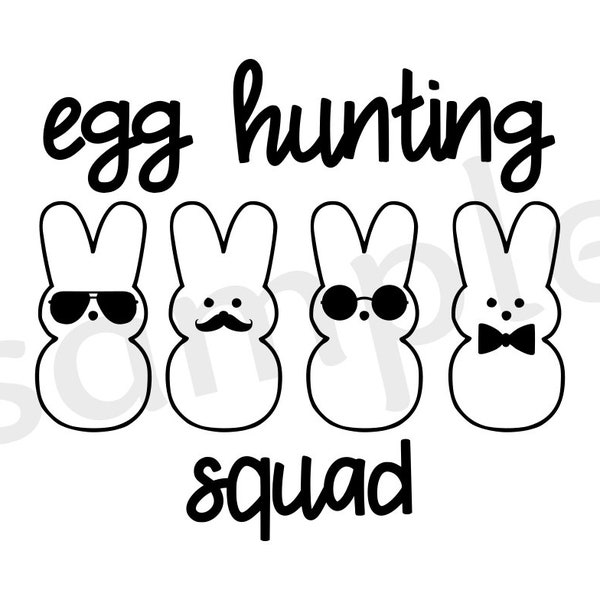 Egg Hunting Squad SVG featuring Peep Bunnies, Sunglasses, Mustache, and Bow Tie