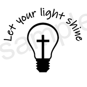 Puede incluir: Ilustración en blanco y negro de una bombilla con una cruz en su interior. El texto "Let your light shine" está escrito en un círculo alrededor de la bombilla.