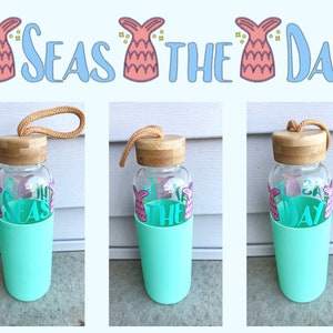 Seas the Day Glass Water Bottle Tumbler with Silicone Sleeve and Bamboo Lid and Strap featuring Mermaid Tails