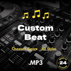 Puede incluir: Una imagen en blanco y negro de una mesa de mezclas de DJ con el texto "Custom Beat" en amarillo. El texto "Choosen Genre All Styles" también está en amarillo. El texto ".MP3" está en amarillo y es grande. Un círculo amarillo con el texto "READY IN 24 HOURS" está en la esquina inferior derecha.