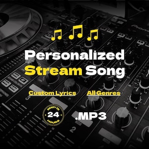 Puede incluir: Un gráfico negro y amarillo con el texto "Personalized Stream Song" sobre un fondo negro. El gráfico también incluye el texto "Custom Lyrics", "All Genres" y ".MP3".