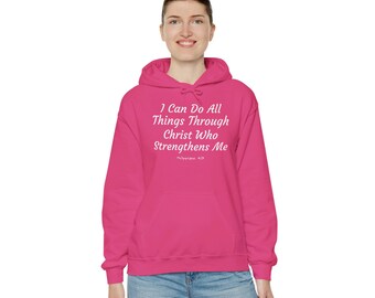 Puedo hacer todas las cosas - Sudadera con capucha unisex Heavy Blend™ para correr y carreras Versículo bíblico Cristiano Cristo Fortalecer