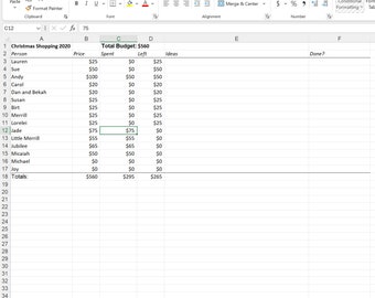 Hoja de cálculo de Excel del planificador de presupuesto navideño simple