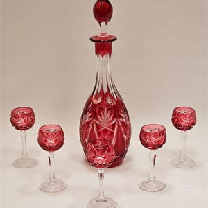 Ventage Ruby Red Cut-to-Clear Glass Liquor Decanter & 5 Cordials Glasses Set