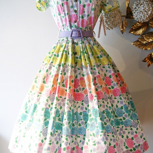 50s Dress // Vintage 1950's Garden Party Rose Print Cotton Dress