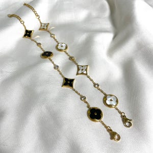 Black and White Gold Crystal Clover Leaf Flower Bracelet