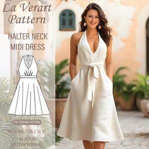 Patrón de vestido midi con cuello halter, patrón de vestido de círculo completo sin espalda, patrón de costura de vestido de verano de lino, tamaño: A0 A4 Carta de EE. UU. - EE. UU. 2 a 30
