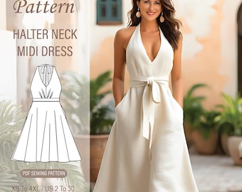 Halter neck midi dress patter, backless full circle dress pattern, linen summer dress sewing pattern, Size: A0 A4 US Letter-US 2 to 30