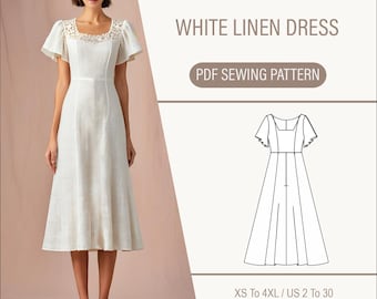 Patrón de costura para vestido midi de lino con escote en V: mangas acampanadas estilo vintage (patrón PDF)