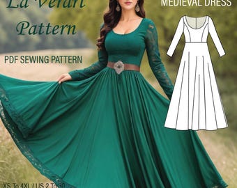 Renaissance Medieval Dress Sewing Pattern: Long Sleeve Gothic Elven Gown (A0 A4 US Letter)