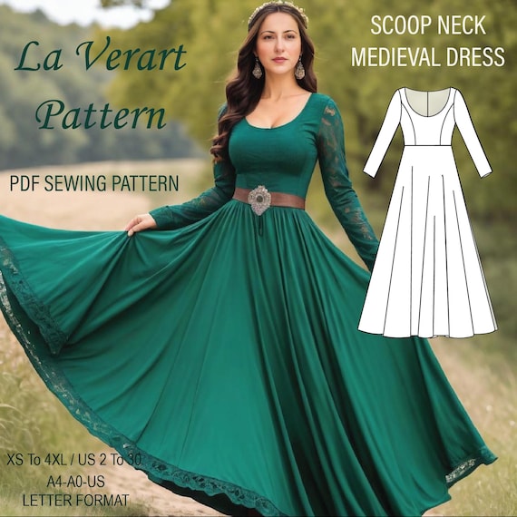 Renaissance Medieval Dress Sewing Pattern: Long Sleeve Gothic Elven Gown (A0 A4 US Letter)