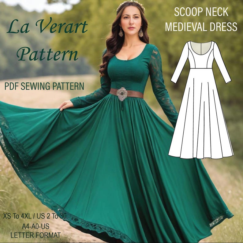 May include: A PDF sewing pattern for a scoop neck medieval dress. The pattern is available in sizes XS to 4XL and includes instructions for sewing the dress. The dress is shown in a green color with lace trim.