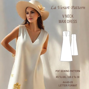Puede incluir: Un patrón de costura PDF para un vestido maxi de cuello en V. El patrón está disponible en tallas XS a 4XL, tallas españolas 34 a 52. El patrón está en formato A4 y A0. La Verart Pattern.