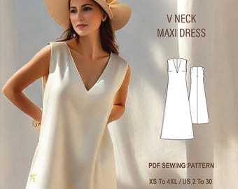 Linen Summer Dress Sewing Pattern, V neck Loose Fit Shift Dress Pattern, Boho Maxi Dress Pattern, Size: US 2 to 30