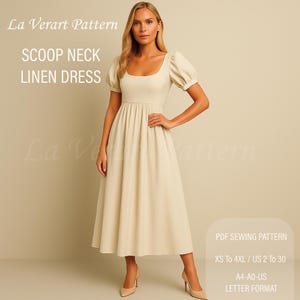 May include: A PDF sewing pattern for a scoop neck linen dress. The pattern includes sizes XS to 4XL and US sizes 2 to 30. The pattern is available in A4, A0, and letter format.