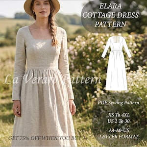 Puede incluir: Un vestido beige de manga larga con escote cuadrado y cuerpo entallado con falda fruncida. La imagen incluye el texto ELARA COTTAGE DRESS PATTERN, La Verant Pattern y PDF Sewing Pattern XS To 4XL US 2 To 30 A4-A0-US LETTER FORMAT.