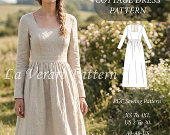Cottagecore Linen Dress Sewing Pattern | Long Sleeve Square Neck Dress XS–4XL | Instant Download A4 A0 US Letter