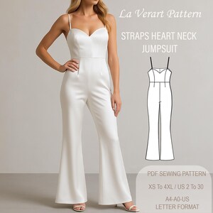 Puede incluir: Mono blanco con escote corazón y tirantes finos. El mono tiene un corpiño ajustado y perneras acampanadas. La imagen también incluye un dibujo lineal del mono y el texto "La Verart Pattern STRAPS HEART NECK JUMPSUIT".
