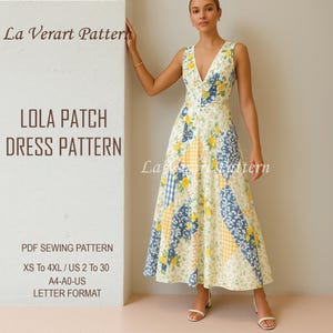 Puede incluir: Un patrón de vestido sin mangas con patchwork, cuello en V y un estampado floral, de cuadros y azul. El vestido se muestra en una modelo. El texto de la imagen dice "LOLA PATCH DRESS PATTERN" y "PDF SEWING PATTERN".