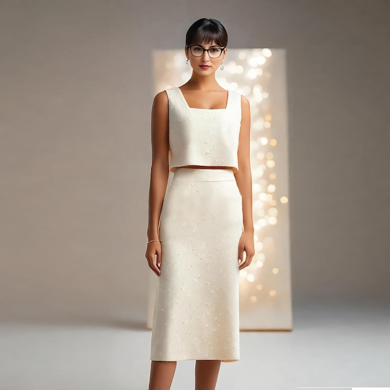 May include: A white crop top and matching skirt with a subtle dotted pattern. The top has a square neckline and sleeveless design. The skirt is knee-length and fitted.