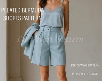 High-Waisted Bermuda Shorts Sewing Pattern: Elegant Suit Trousers with Pockets (XS-4XL) (PDF Pattern)