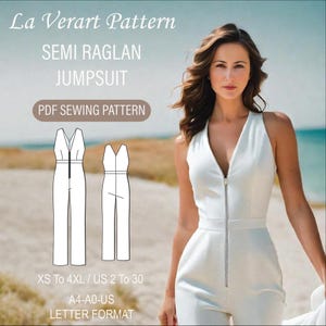 Padrão de costura de macacão de noiva, padrão de macacão branco semi raglan com decote profundo, macacão de casamento com decote em V PDF, A0 A4 Carta dos EUA - Tamanho: EUA 2 a 30