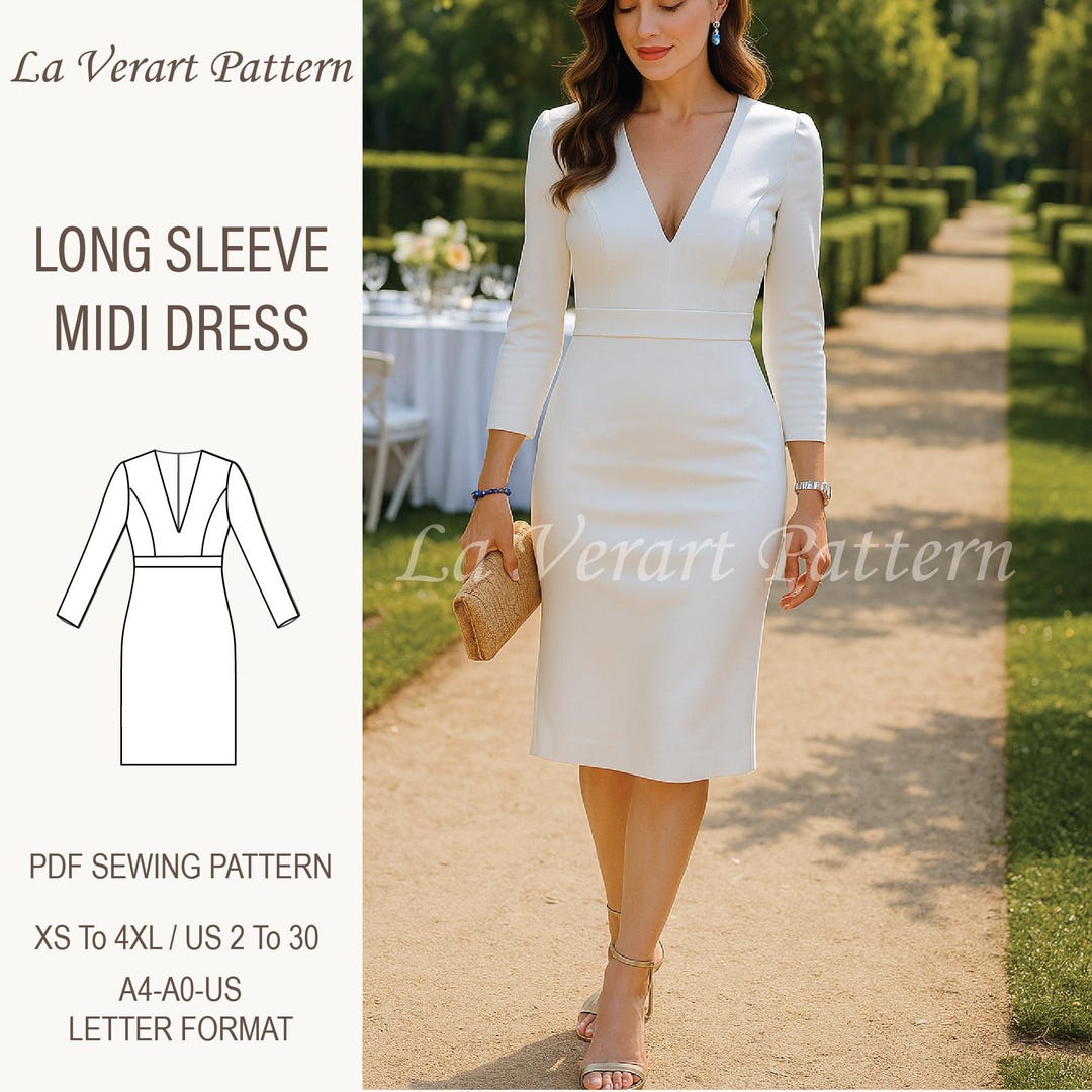 V-neck Midi Dress Sewing Pattern: Long Sleeve Formal Gown (PDF Pattern  XS-4XL A4-A0-LETTER) - Etsy