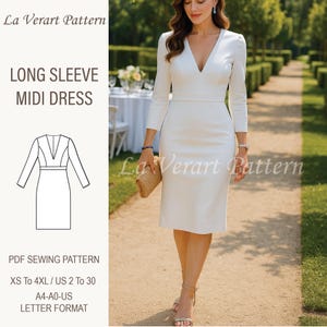 Puede incluir: Una mujer con un vestido midi blanco de manga larga con cuello en V. El vestido tiene cintura entallada y falda a la rodilla. La imagen también incluye un dibujo lineal del vestido y el texto "La Verart Pattern" y "Long Sleeve Midi Dress".