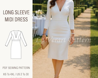 V-Neck Midi Dress Sewing Pattern: Long Sleeve Formal Gown (PDF Pattern XS-4XL A4-A0-LETTER)