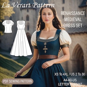 May include: A PDF sewing pattern for a Renaissance or medieval dress set. The pattern includes a dress and a bodice, both with a square neckline and puff sleeves. The pattern is available in sizes XS to 4XL, UK sizes 2 to 30. The pattern is printed on A4 or A0 paper in letter format.