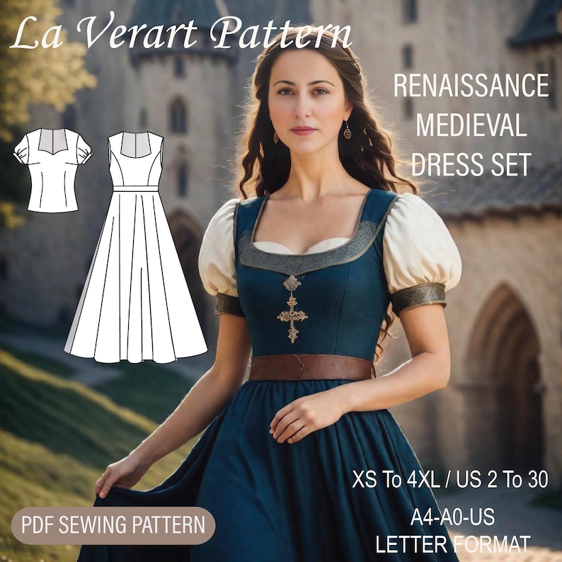 May include: A PDF sewing pattern for a Renaissance or medieval dress set. The pattern includes a dress and a bodice, both with a square neckline and puff sleeves. The pattern is available in sizes XS to 4XL, US sizes 2 to 30. The pattern is printed on A4 or A0 paper in letter format.