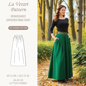 May include: A PDF sewing pattern for a Renaissance gathered maxi skirt. The pattern includes sizes XS to 4XL, US sizes 2 to 30. The pattern is available in A4, A0, and US letter format.