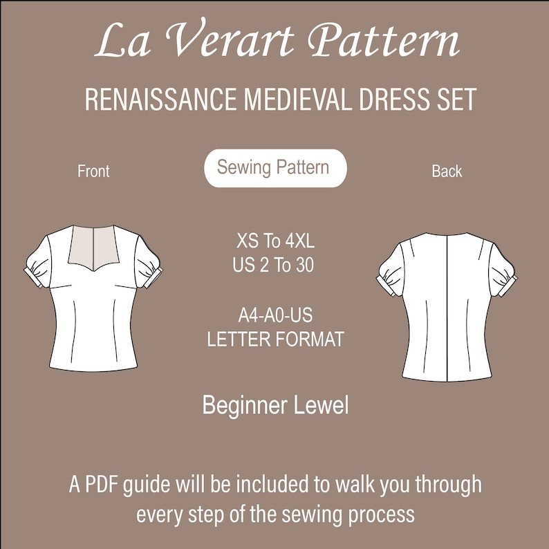 May include: A sewing pattern for a Renaissance medieval dress set. The pattern includes instructions for both the front and back of the dress. The pattern is available in sizes XS to 4XL and US sizes 2 to 30. The pattern is printed on A4-A0-US letter format paper. The pattern is for a beginner level sewer.