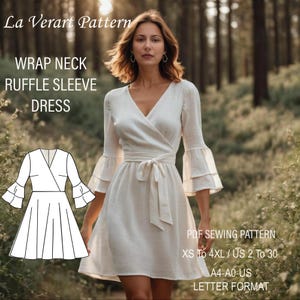 Padrão de costura para vestido curto com decote envolvente, padrão de vestido branco com mangas franzidas, padrão de vestido boho de linho, A0 A4 US Letter - Tamanho: EUA 2 a 30