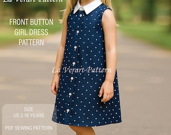 Front Button Kids Dress Sewing Pattern, Linen Dress Pattern for Kids, Toddler Baby Girl Dress, A4 - A0- US LETTER, Size Age: 2-16 Years