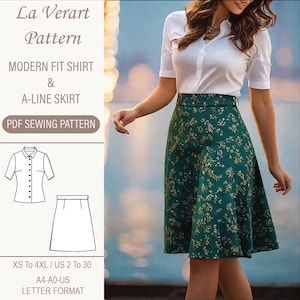 May include: A PDF sewing pattern for a modern fit shirt and an A-line skirt. The pattern includes sizes XS to 4XL, US sizes 2 to 30. The pattern is available in A4 and A0 letter format.