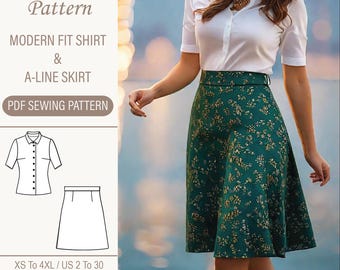 Shirt and A-Line Skirt Sewing Pattern: US Size 2-30 (PDF Pattern)