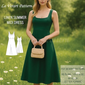 May include: A green linen midi dress with a square neckline and a fitted bodice. The dress is sleeveless and has a flared skirt. The image also includes a small woven handbag and the text "La Verart Pattern, LINEN SUMMER MIDI DRESS".