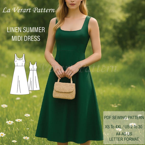 Linen Midi Dress Pattern, Square Neck Backless Summer Dress, Cottagecore  A-line Sewing Pattern, Size: A0 A4 US Letter-us 2 to 30 - Etsy Israel