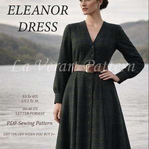 Eleanor Cottagecore Countryside Outfit Dress Sewing Pattern for Women, Long Sleeve V Neck Button Maxi Dress PDF, Size: XS-4XL