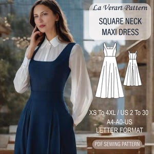 Puede incluir: Un patrón de costura digital para un vestido maxi de cuello cuadrado. El patrón incluye instrucciones para las tallas XS a 4XL, tallas españolas 34 a 52. El patrón está disponible en formato A4 y A0.