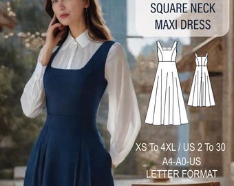 Square neck dress sewing pattern, formal dress, Backless maxi dress pattern, Size: A0 A4 US Letter-US 2 to 30