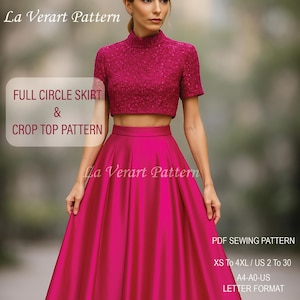 Puede incluir: Un patrón magenta de falda circular completa y top corto. El top corto es un diseño texturizado de manga corta. La falda es de estilo fluido y de cintura alta. El texto en la imagen dice "La Verart Pattern" y "Full Circle Skirt & Crop Top Pattern."