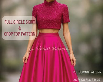 High Neck Crop Top and Full Circle Maxi Skirt Sewing Pattern, Prom Dress Set, A0 A4 US Letter size: US 2 to 30
