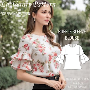 Padrão de costura de blusa de mangas com babados, padrão de costura de blusa camponesa de gola redonda, padrão de costura de blusa solta feminina, A0 A4 Carta dos EUA - EUA 2 a 30
